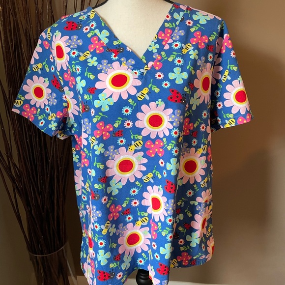 Comfy Cotton Other - Floral Blue Women's Scrub Top